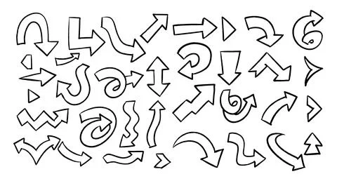 Set of Hand drawn doodle arrows vector set collection with playful curved, .. Stock Illustration
