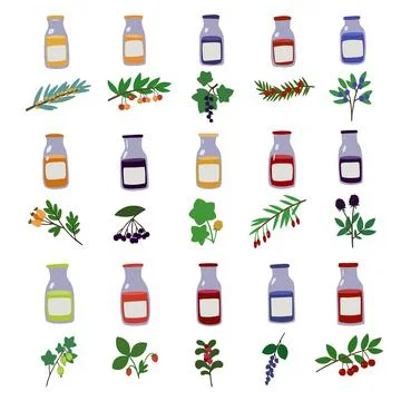 Set with hand drawn doodle branches of berries and juice bottles. Stock Illustration
