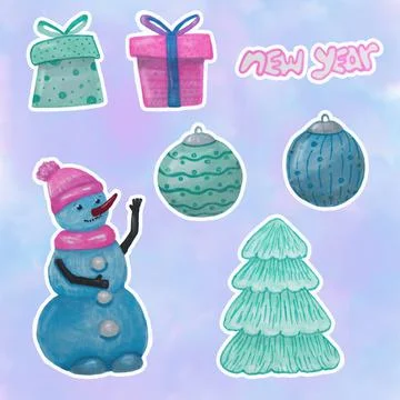 Set of hand drawn doodle Christmas elements on sticker paper. Snowman, gifts, Illustrazione stock