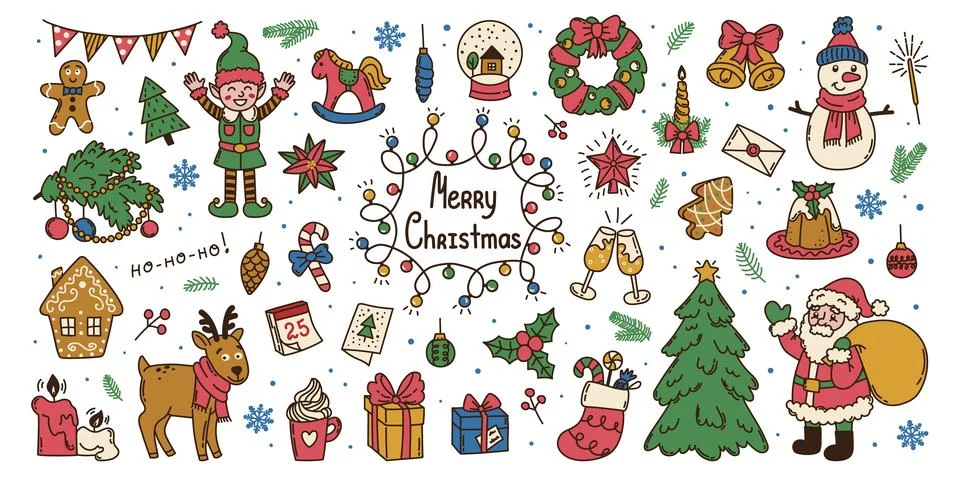 Set hand drawn doodle Christmas elements. Santa Claus, Christmas tree Stock Illustration