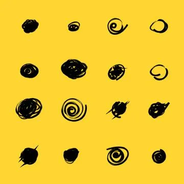 Set of hand drawn doodle circles in a grunge style. Yellow background. Scri.. Stock Illustration
