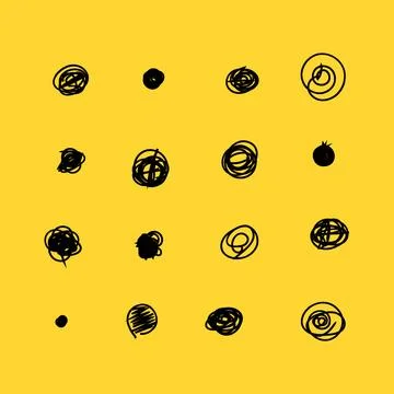 Set of hand drawn doodle circles in a grunge style. Yellow background. Scri.. Illustrazione stock