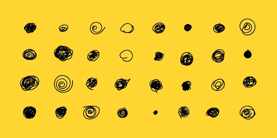 Set of hand drawn doodle circles in a grunge style. Yellow background. Scri.. イラスト素材