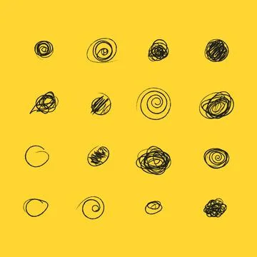 Set of hand drawn doodle circles in a grunge style. Yellow background. Scri.. Stock Illustration