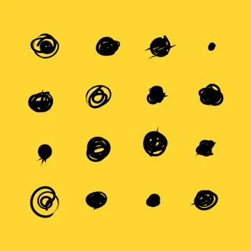 Set of hand drawn doodle circles in a grunge style. Yellow background. Scribb Stockillustratie