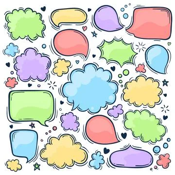 Set of hand drawn doodle colored Speach bubbles. Pastel colors. Vector illu.. 스톡 일러스트