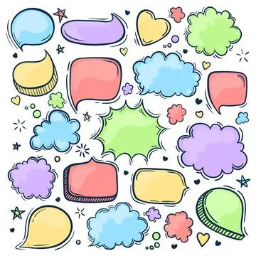 Set of hand drawn doodle colored Speach bubbles. Pastel colors. Vector illu.. 스톡 일러스트