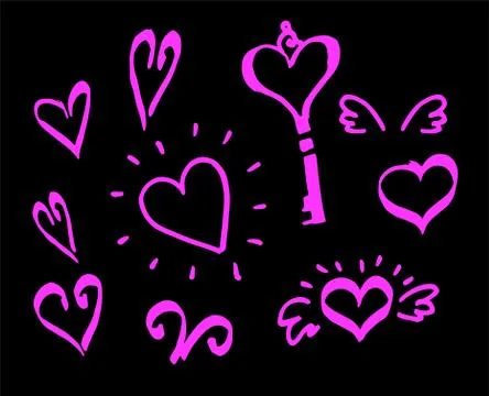 A set of hand-drawn Doodle elements hearts and keys with swirls and wings in Stock Illustration