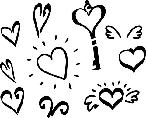 A set of hand-drawn Doodle elements hearts and keys with swirls and wings in Stock Illustration
