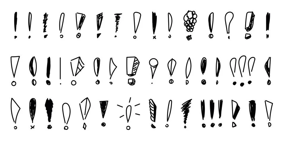 Set of hand drawn doodle exclamation marks. Pencil and ink various scattered  Stock Illustration