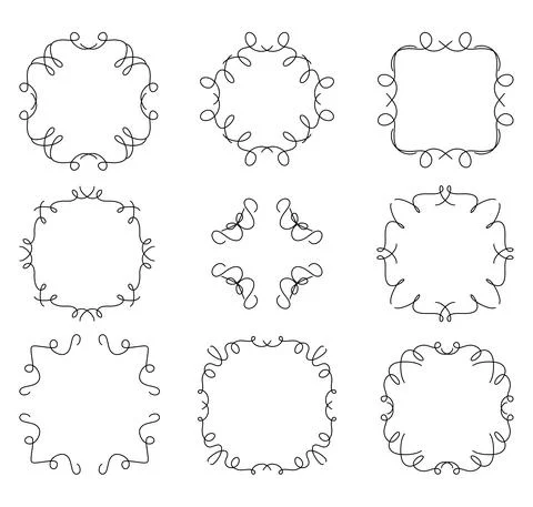 Set of hand-drawn doodle frames, black curve borders Stock Illustration