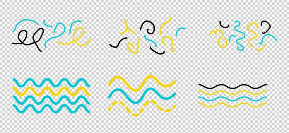 Set of hand drawn doodle lines and wavy patterns on transparent background 스톡 일러스트