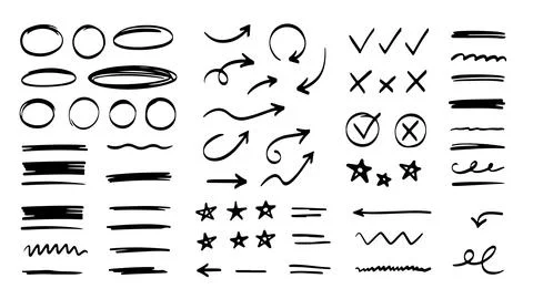 Set of hand drawn doodle marker elements circles arrows and check marks black. Stock Illustration