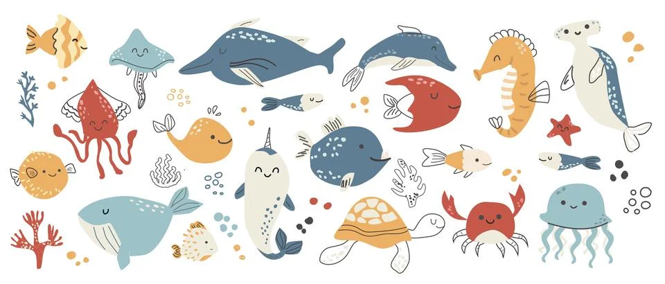 Set of hand drawn doodle ocean animals and plants. Sea creatures and elemen.. Stock Illustration