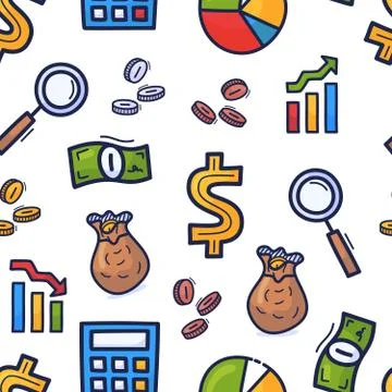 Set hand drawn doodle seamless pattern on the theme of business . Colorful ve Stockillustratie