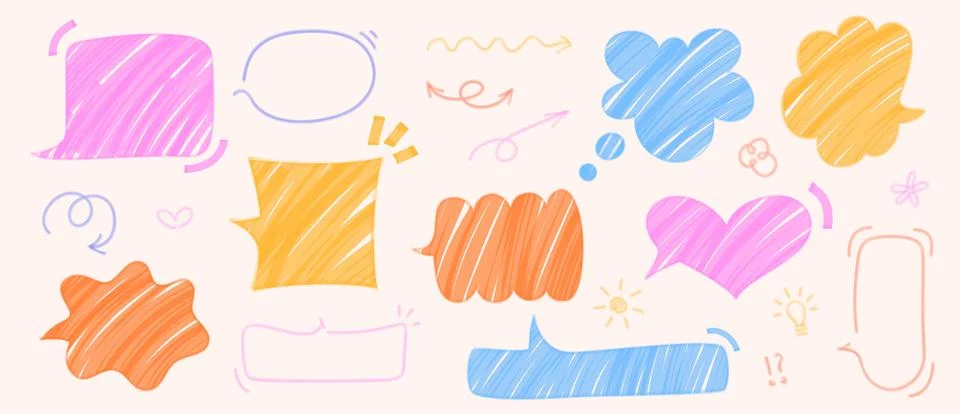 Set of hand drawn doodle speech bubbles in various shapes. Stock Illustration