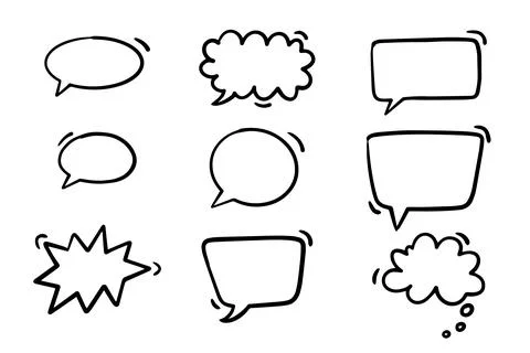 Set of hand drawn doodle speech bubbles, isolated on white background. Vector Illustrazione stock