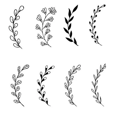 Set of hand drawn doodle tree branches with leaves on white background Stock Illustration