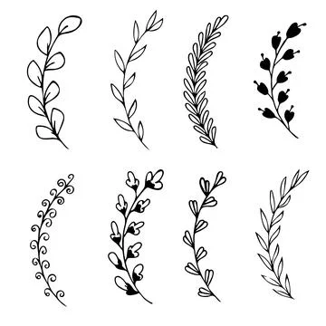 Set of hand drawn doodle tree branches with leaves on white background Stock Illustration