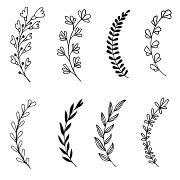 Set of hand drawn doodle tree branches with leaves on white background Stock Illustration
