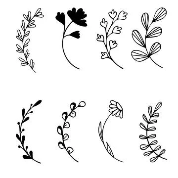 Set of hand drawn doodle tree branches with leaves on white background Stock Illustration