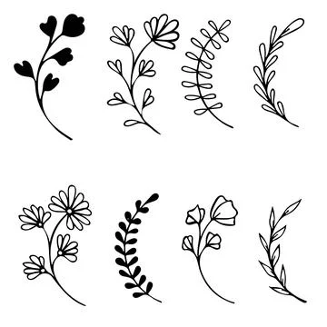 Set of hand drawn doodle tree branches with leaves on white background Illustrazione stock
