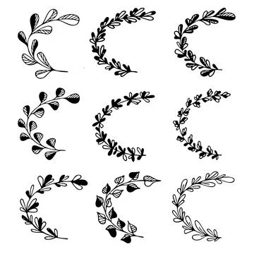 Set of hand drawn doodle tree branches with leaves on white background Stock Illustration