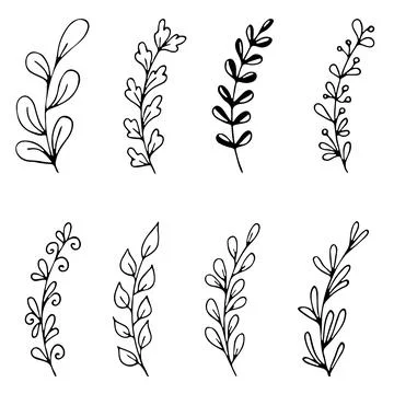 Set of hand drawn doodle tree branches with leaves on white background. Floral Stock Illustration