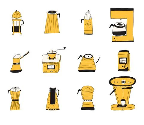 Set of hand drawn doodle vector illustrations of various coffee pots for diff 스톡 일러스트