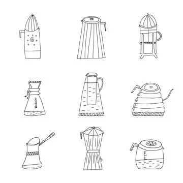Set of hand drawn doodle vector illustrations of various coffee pots for Illustrazione stock