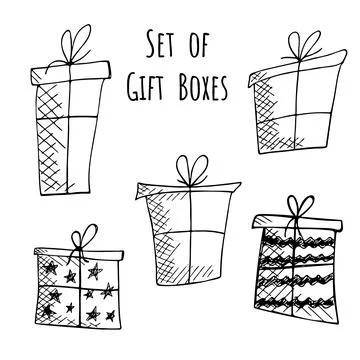 Set of hand-drawn doodle vector gift boxes with bows and ribbons. Sketch illu Stock Illustration