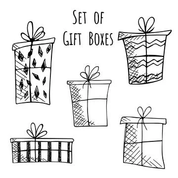 Set of hand drawn doodle vector gift boxes with bows and ribbons. Sketch illu Illustrazione stock