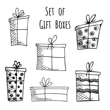 Set of hand-drawn doodle vector gift boxes with bows and ribbons. Sketch illu Stock Illustration