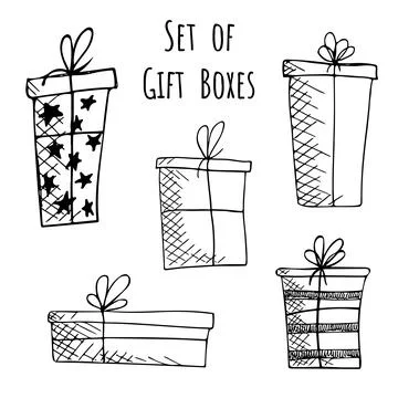 Set of hand drawn doodle vector gift boxes with bows and ribbons. Sketch illu Stock-Illustration