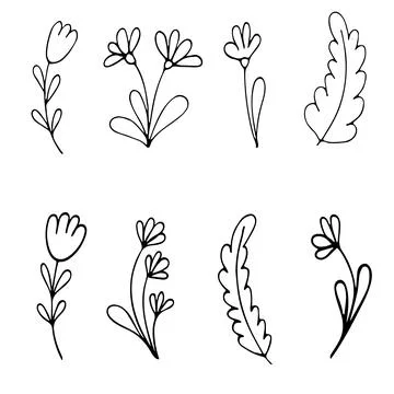 Set of Hand drawn doodle vector flowers, leaves and branches. Floral, plant e Stock Illustration