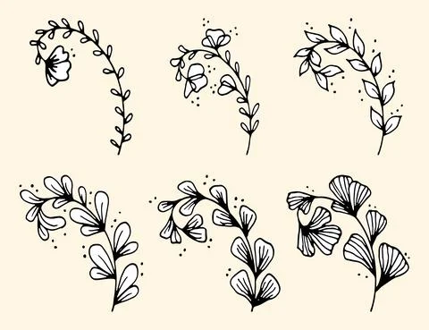 Set of Hand drawn doodle vector leaves and branches. Collection of tree Floral Stock Illustration