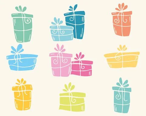 Set of hand drawn doodle vector gift boxes with bows and ribbons in delicate Stock Illustration