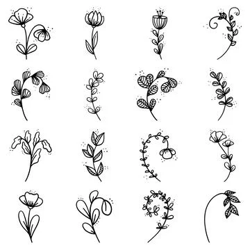 Set of Hand drawn doodle vector leaves and branches. Collection of tree Floral Stock Illustration