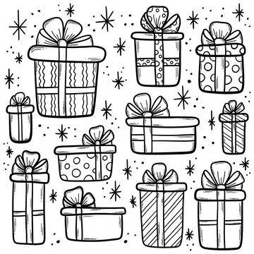 Set of hand drawn doodle vector gift boxes with bows and ribbons. Sketch Stock Illustration