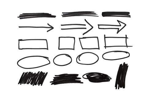 Set of hand drawn doodles, square arrow circle stroke on isolated white backg Stock Illustration