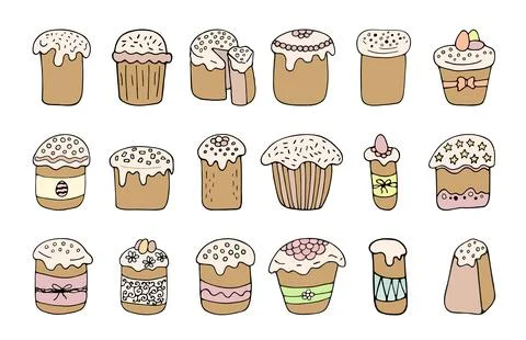 Set hand drawn easter cake with eggs. Color doodle vector illustration Stock Illustration