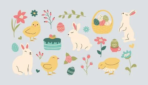 Set of hand drawn Easter characters. Cute chickens and Bunnies in doodle styl Stock Illustration