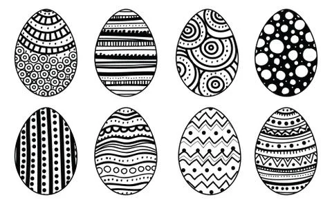 Set of hand drawn easter eggs. Decorative elements for card, coloring book. Stock Illustration