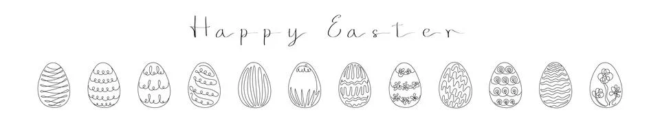 Set of hand drawn Easter eggs with patterns. With the greeting Happy Easter.. Stock Illustration