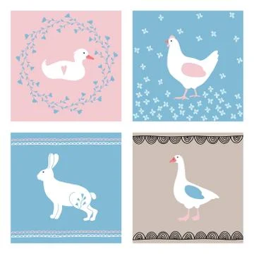 Set of hand drawn Easter greeting cards, invitations with farm animals. Cute 스톡 일러스트