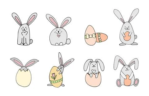 Set hand drawn easter rabbit with eggs. Color doodle vector illustration Stock Illustration