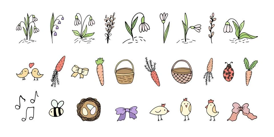 Set hand drawn easter spring clipart with flowers, carrot, bird. Color dood.. Stock Illustration