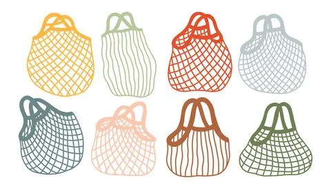 Set of hand drawn eco friendly string bags and net totes. Minimalist flat Stockillustratie