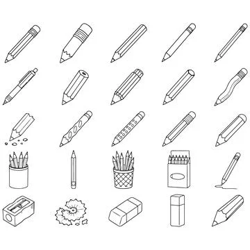 A Set of Hand-Drawn Educational Writing Tools and Stationery Icons Collection Stockillustratie