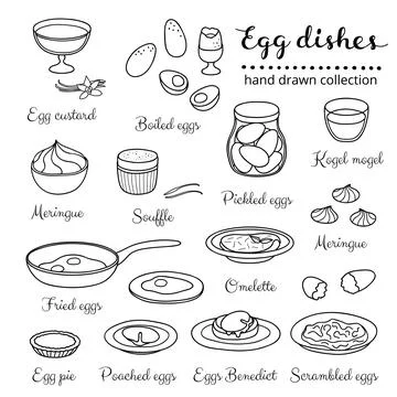 Set of hand drawn egg dishes. Stock Illustration